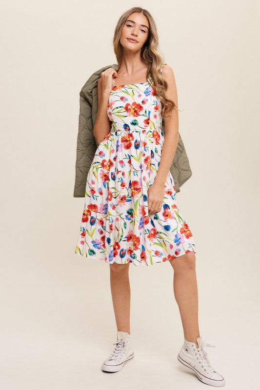 FLOWER PRINT SQUARE NECK DRESS