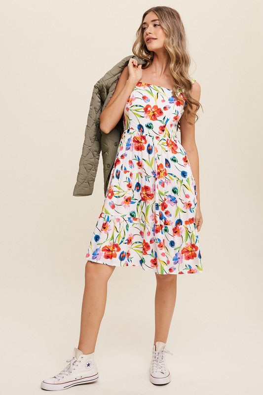 FLOWER PRINT SQUARE NECK DRESS