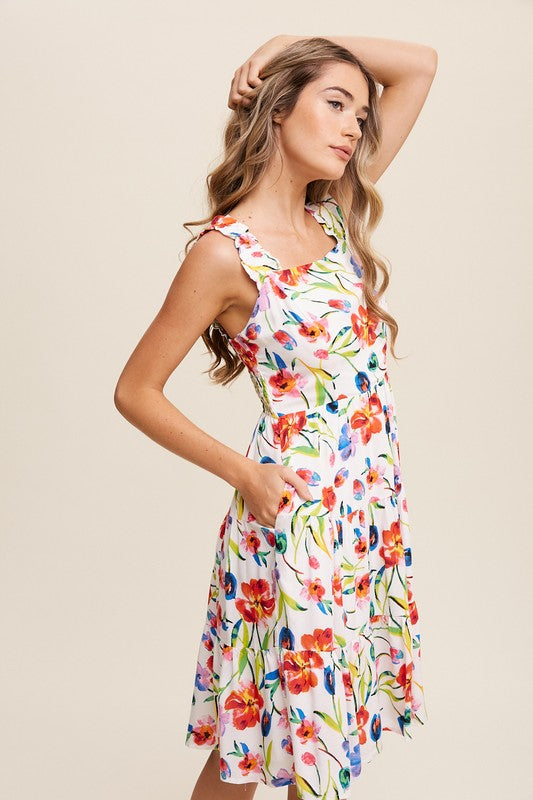 FLOWER PRINT SQUARE NECK DRESS