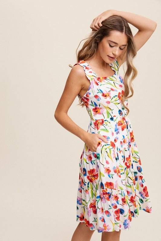 FLOWER PRINT SQUARE NECK DRESS