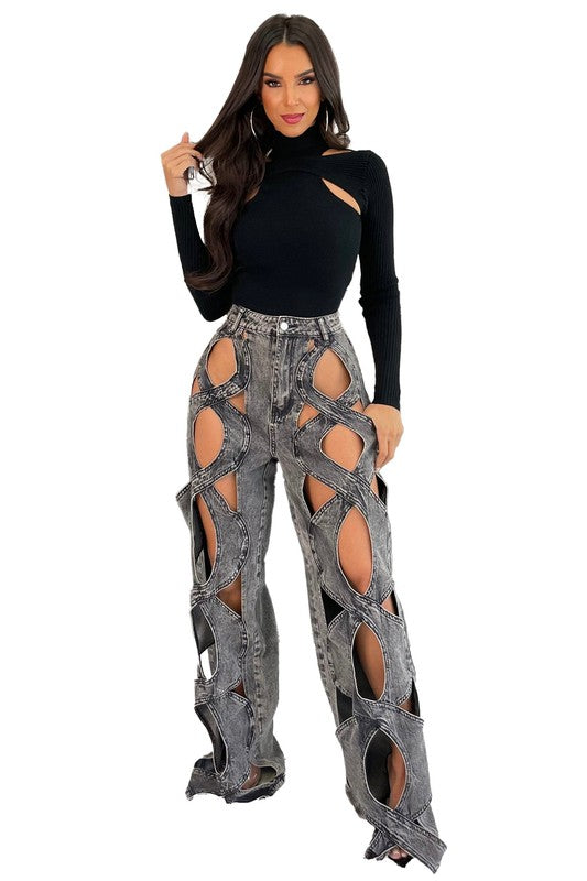 OPEN WEAVE FRONT CUT OUT DENIM PANTS