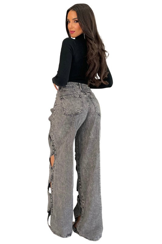 OPEN WEAVE FRONT CUT OUT DENIM PANTS