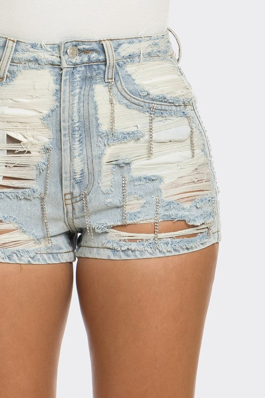 REBEL SPIRIT DISTRESSED DENIM SHORTS