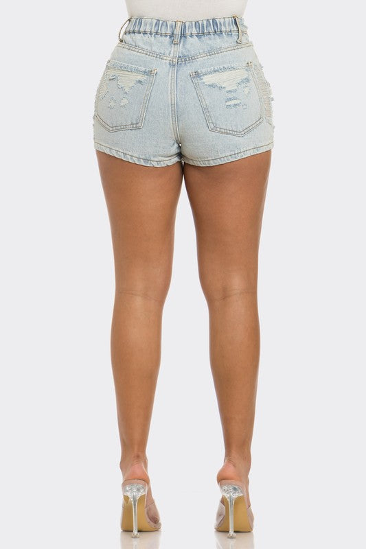 REBEL SPIRIT DISTRESSED DENIM SHORTS