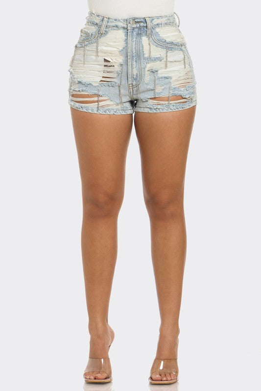 REBEL SPIRIT DISTRESSED DENIM SHORTS