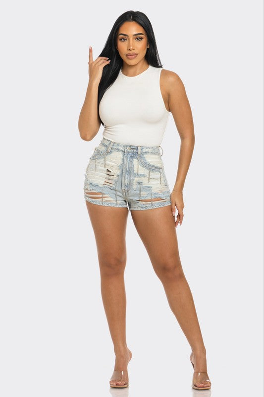 REBEL SPIRIT DISTRESSED DENIM SHORTS