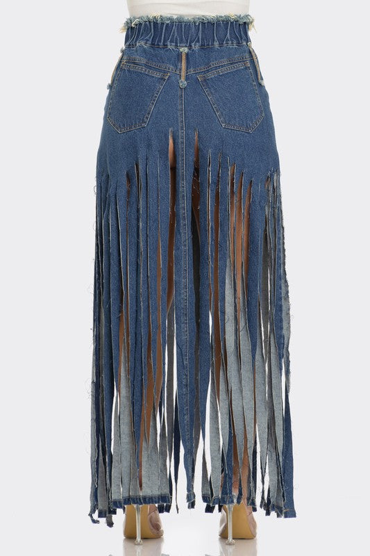 BOHEMIAN-INSPIRED RHAPSODY FRINGE DENIM SKIRTS