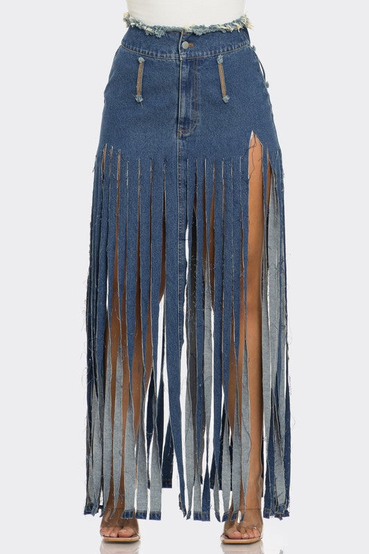 BOHEMIAN-INSPIRED RHAPSODY FRINGE DENIM SKIRTS