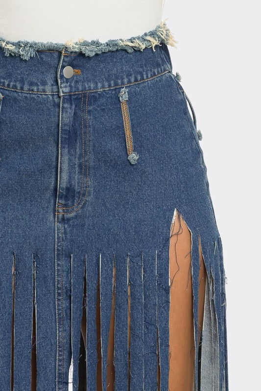 BOHEMIAN-INSPIRED RHAPSODY FRINGE DENIM SKIRTS