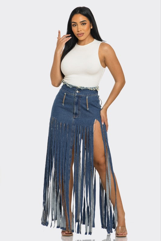 BOHEMIAN-INSPIRED RHAPSODY FRINGE DENIM SKIRTS