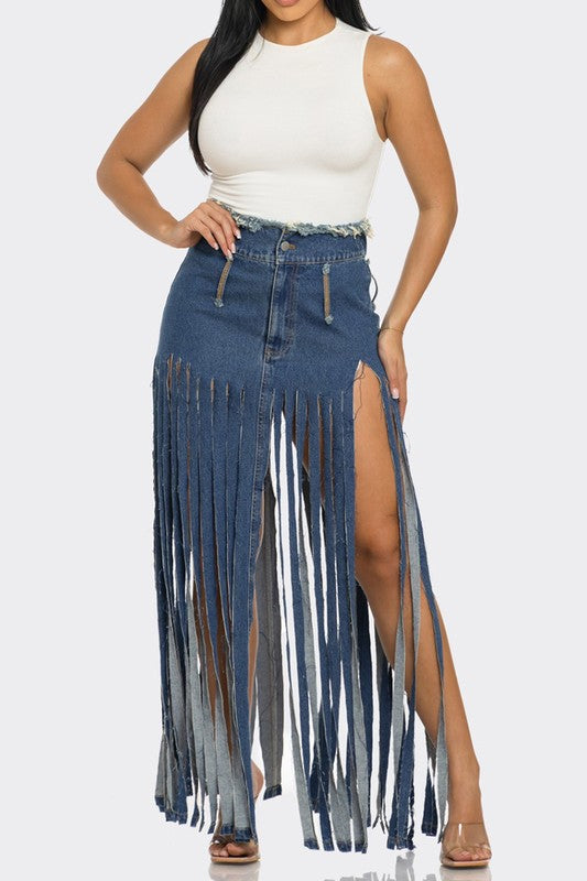 BOHEMIAN-INSPIRED RHAPSODY FRINGE DENIM SKIRTS