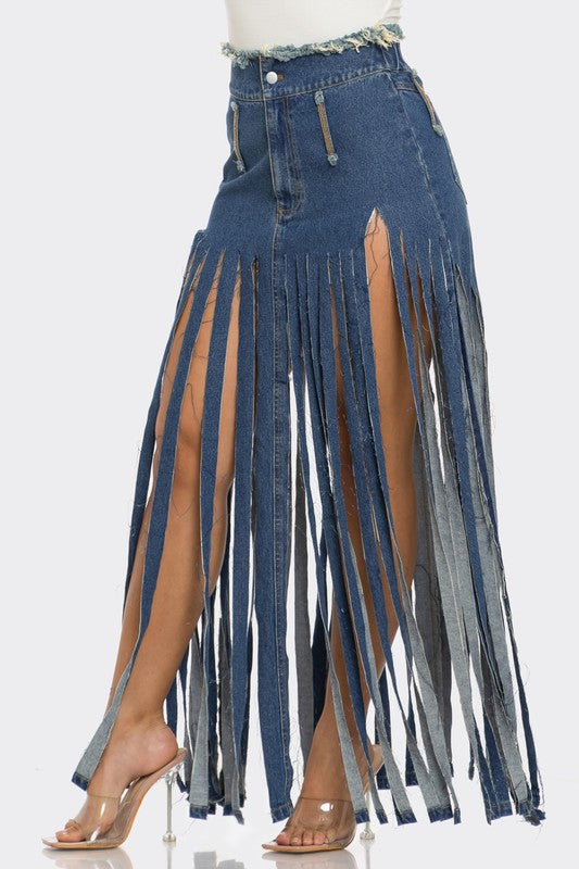 BOHEMIAN-INSPIRED RHAPSODY FRINGE DENIM SKIRTS