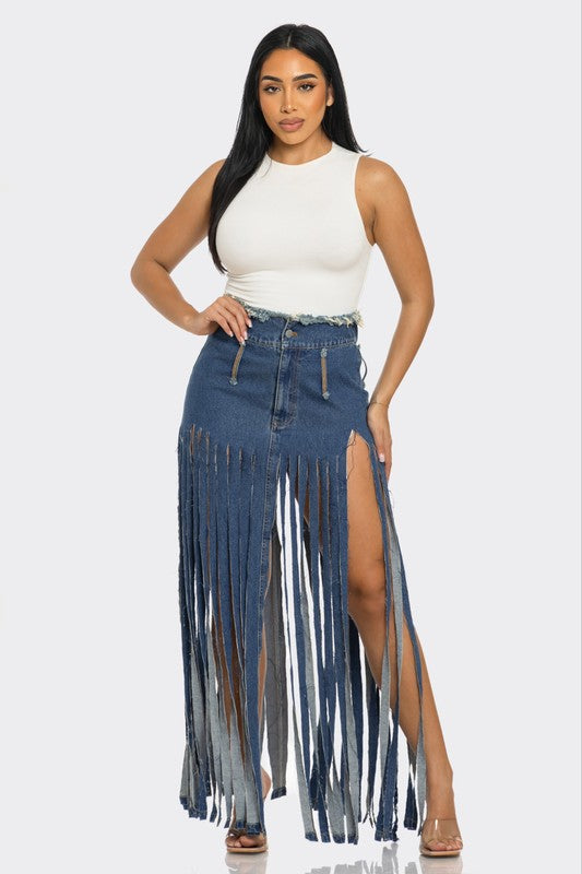 BOHEMIAN-INSPIRED RHAPSODY FRINGE DENIM SKIRTS