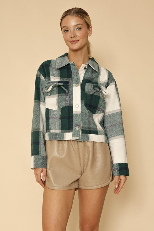 CROPPED FLANNEL JACKET WITH BOW DETAIL