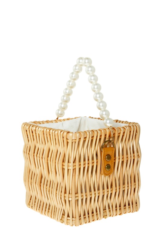 WOODEN BUCKET SHAPE BAG WITH PEARL HANDLE