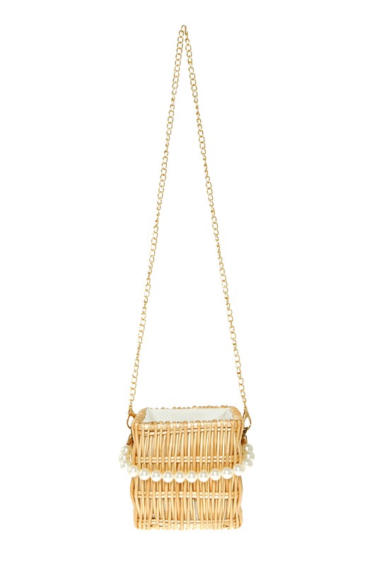 WOODEN BUCKET SHAPE BAG WITH PEARL HANDLE