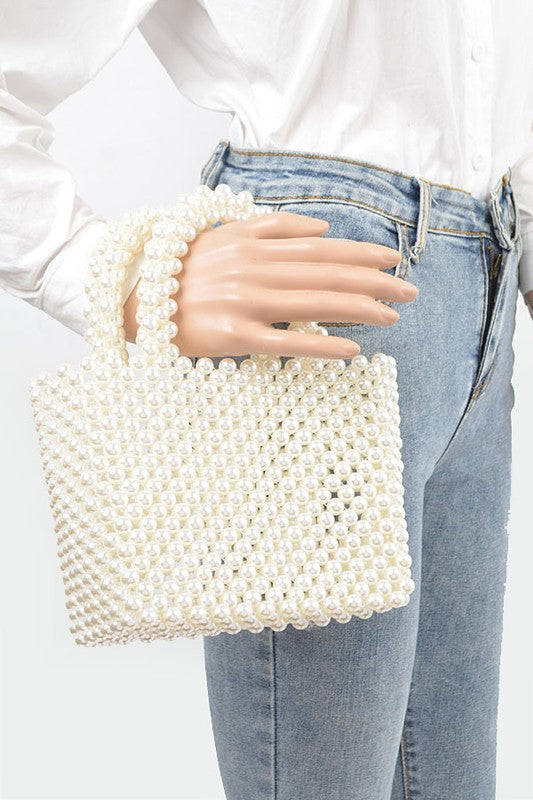 FAUX PEARL BRAIDED ICONIC BASKET TOP HANDLE CLUTCH