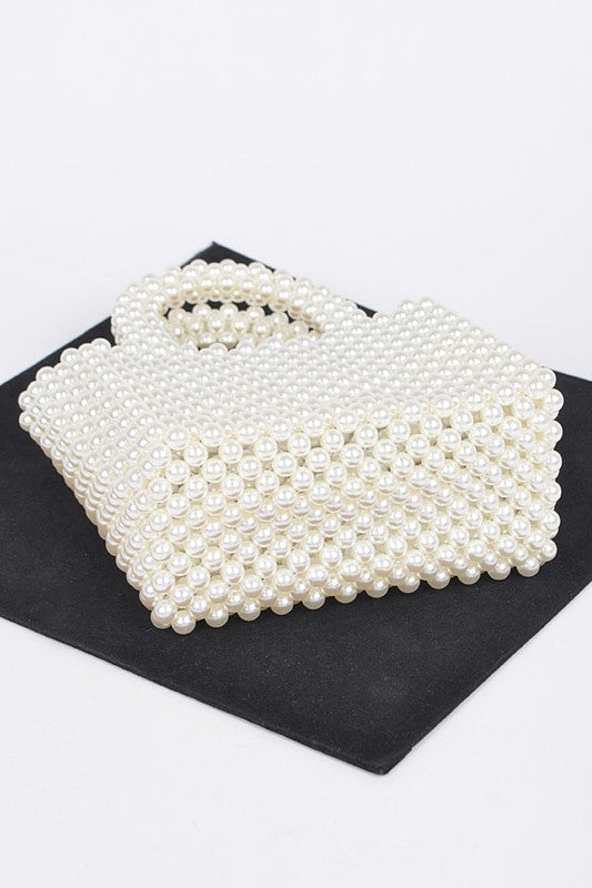 FAUX PEARL BRAIDED ICONIC BASKET TOP HANDLE CLUTCH