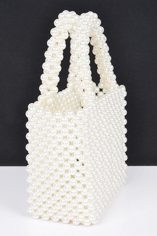 FAUX PEARL BRAIDED ICONIC BASKET TOP HANDLE CLUTCH