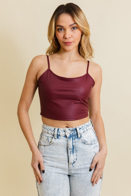 STRAPLESS FAUX LEATHER CROP CAMI TOP