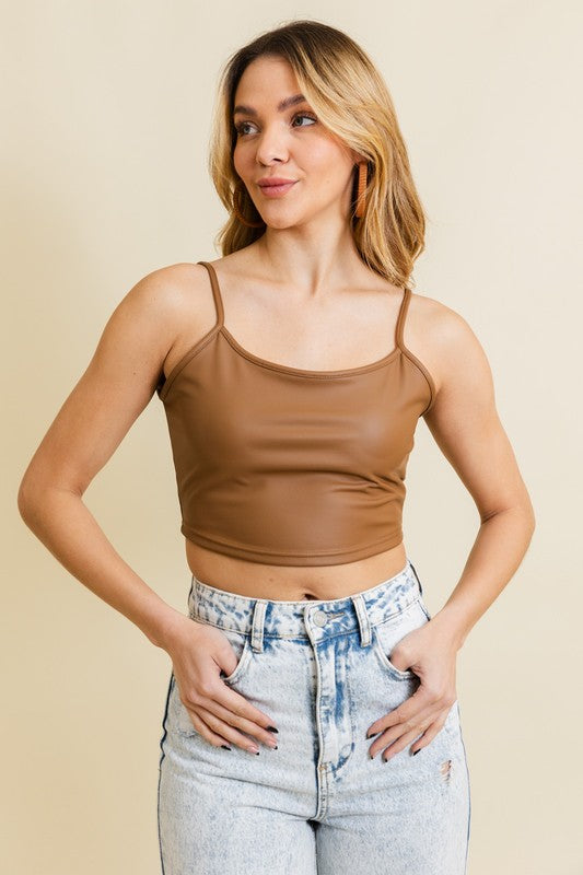 STRAPLESS FAUX LEATHER CROP CAMI TOP