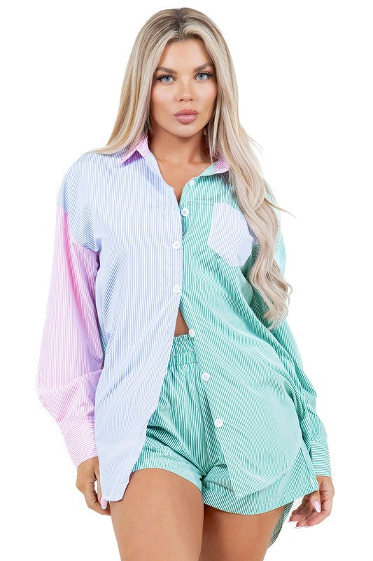 LONG SLEEVE BUTTON DOWN SHIRT AND SHORTS SET