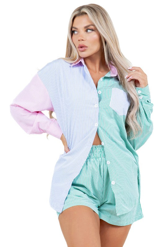 LONG SLEEVE BUTTON DOWN SHIRT AND SHORTS SET