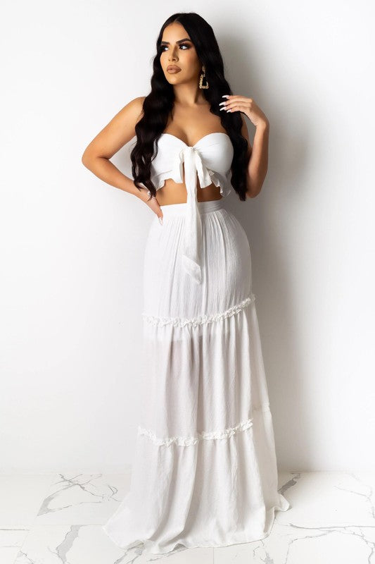 STRAPLESS CROP TOP AND TIERED MAXI SKIRT