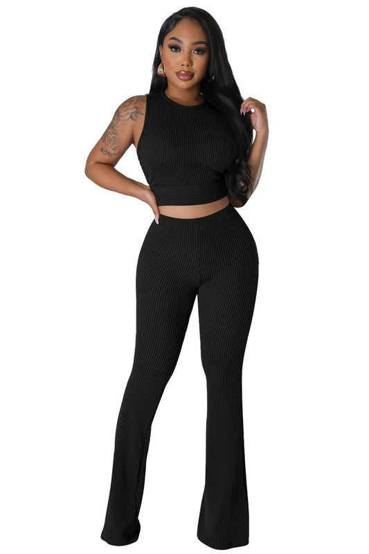 SLEEVELESS CROP TOP FLARE PANTS SET