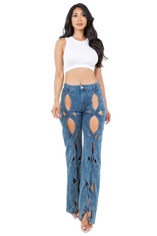 OPEN WEAVE FRONT CUT OUT DENIM PANTS