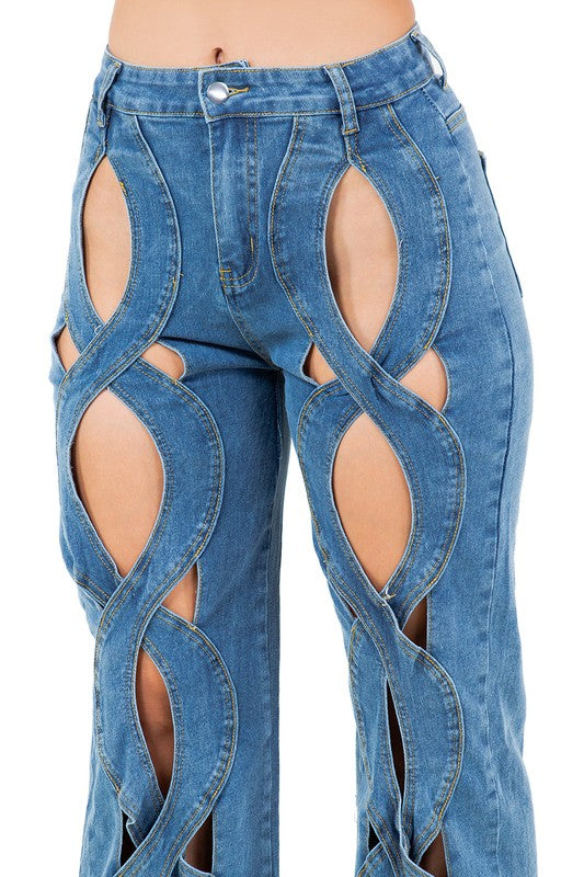 OPEN WEAVE FRONT CUT OUT DENIM PANTS