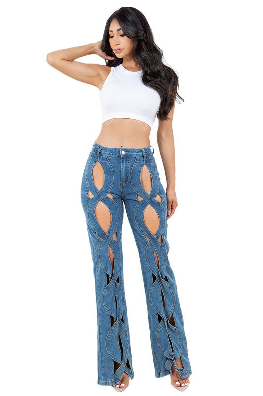 OPEN WEAVE FRONT CUT OUT DENIM PANTS