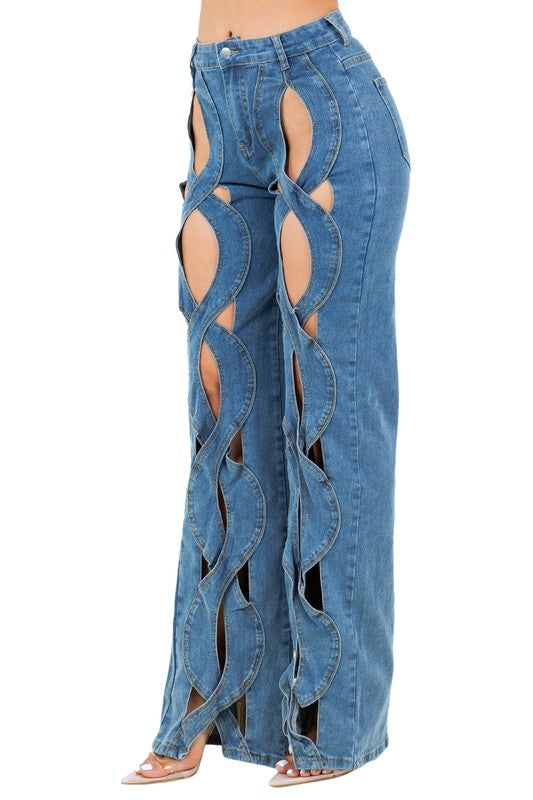 OPEN WEAVE FRONT CUT OUT DENIM PANTS