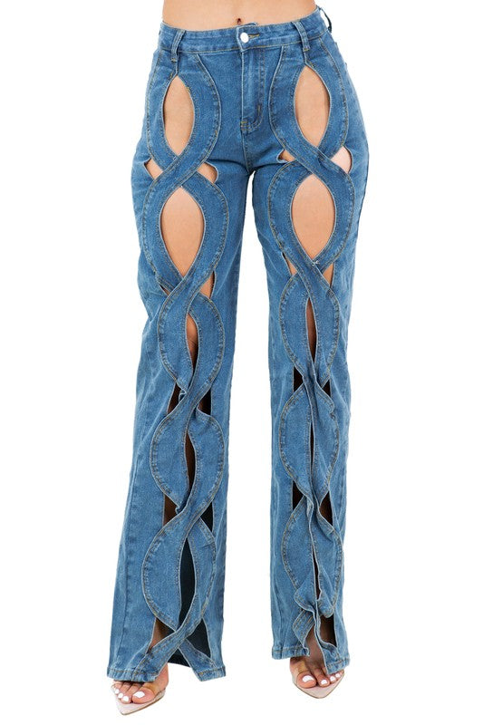 OPEN WEAVE FRONT CUT OUT DENIM PANTS