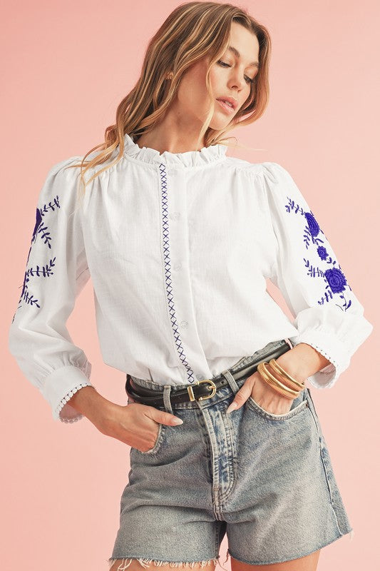 FLORAL EMBROIDERED BUTTON UP SHIRT