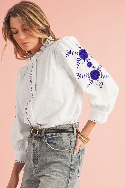 FLORAL EMBROIDERED BUTTON UP SHIRT