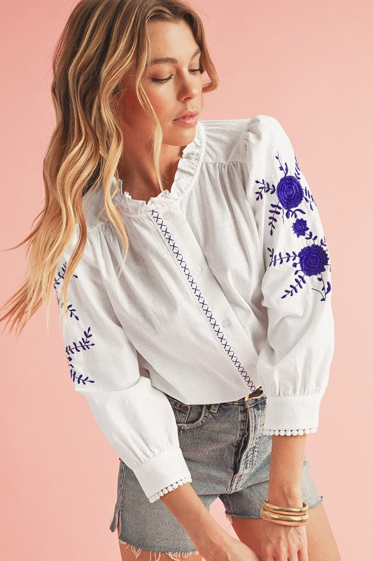 FLORAL EMBROIDERED BUTTON UP SHIRT