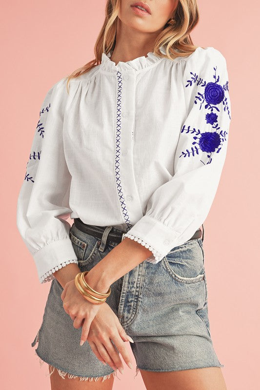 FLORAL EMBROIDERED BUTTON UP SHIRT