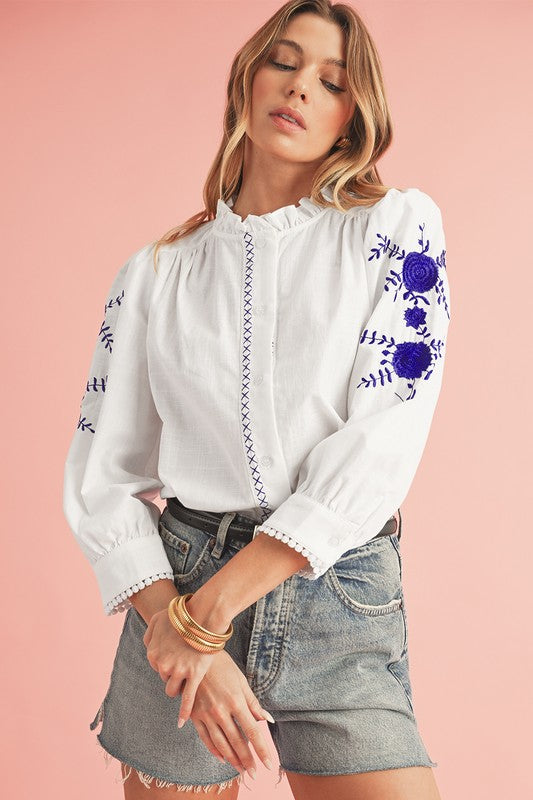 FLORAL EMBROIDERED BUTTON UP SHIRT