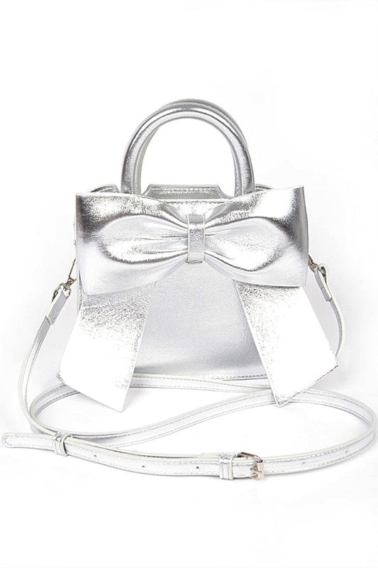 METALLIC BOW TIE TOP HANDLE SWING BAG