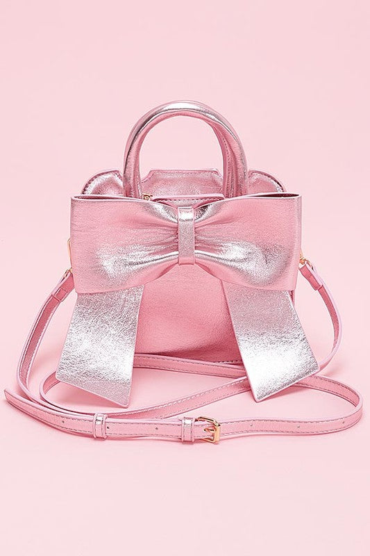 METALLIC BOW TIE TOP HANDLE SWING BAG