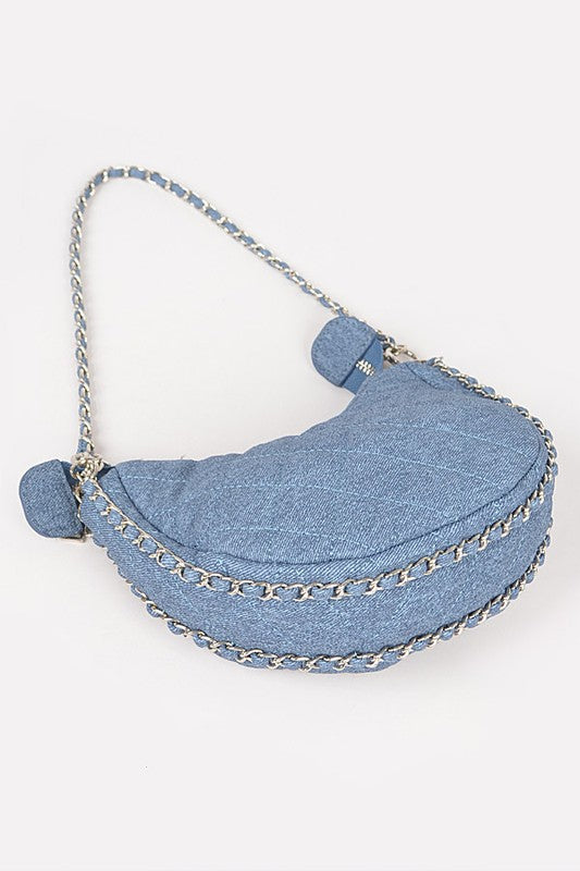 DOUBLE CHAIN STRAP QUILTED DENIM SHOULDER BAG