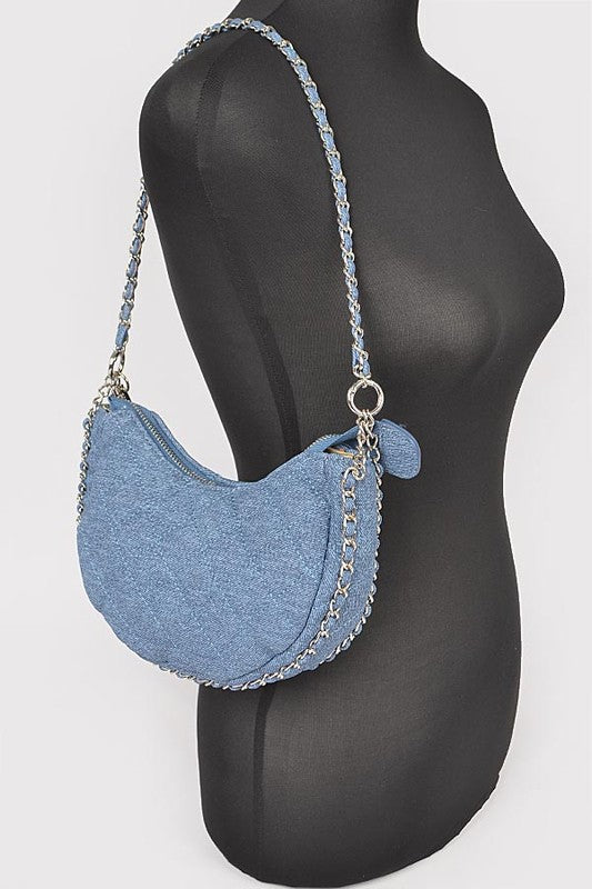 DOUBLE CHAIN STRAP QUILTED DENIM SHOULDER BAG