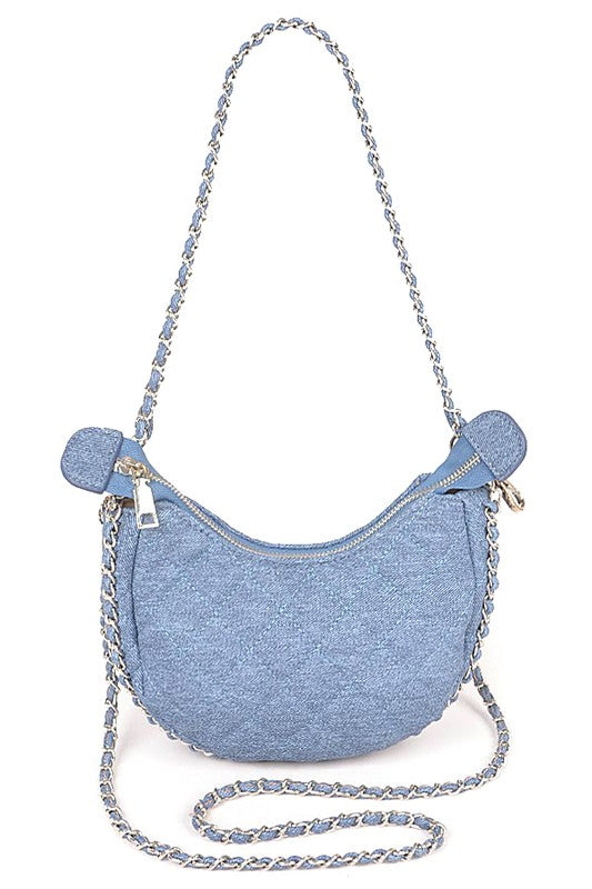 DOUBLE CHAIN STRAP QUILTED DENIM SHOULDER BAG