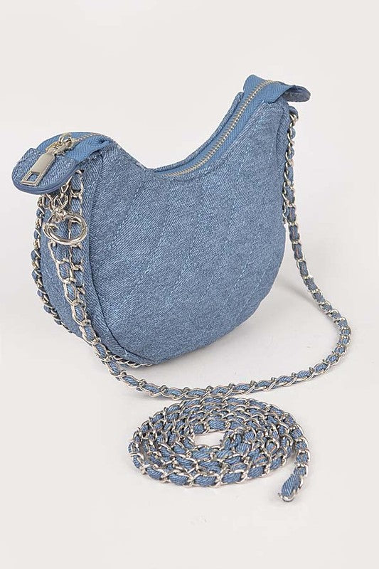 DOUBLE CHAIN STRAP QUILTED DENIM SHOULDER BAG