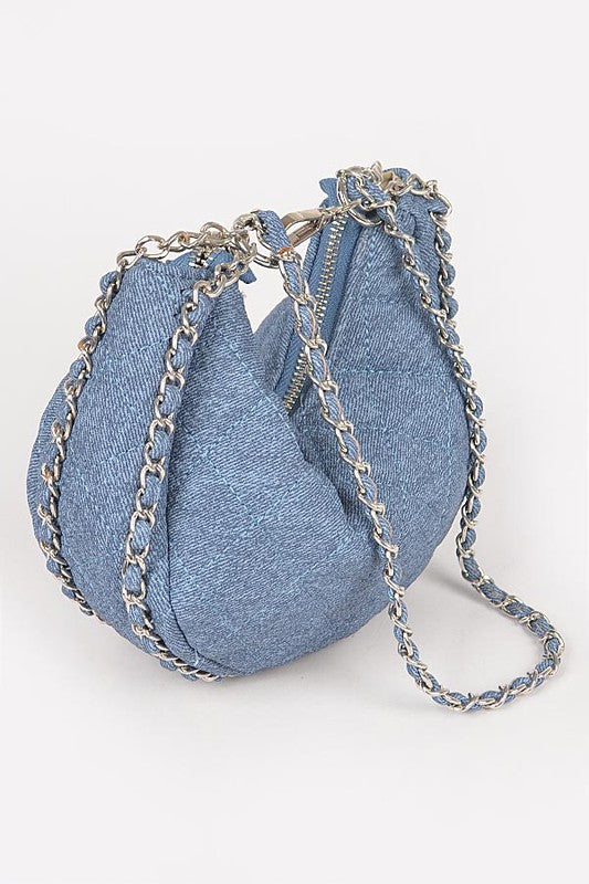 DOUBLE CHAIN STRAP QUILTED DENIM SHOULDER BAG