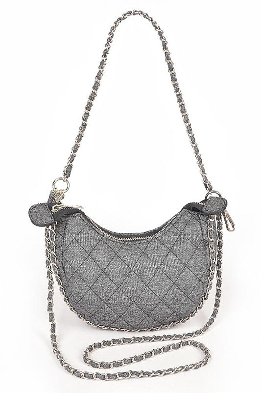 DOUBLE CHAIN STRAP QUILTED DENIM SHOULDER BAG