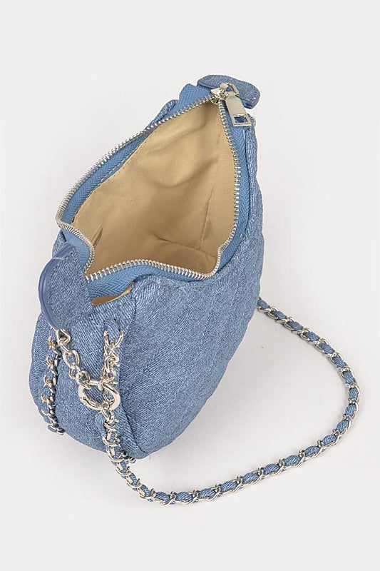 DOUBLE CHAIN STRAP QUILTED DENIM SHOULDER BAG