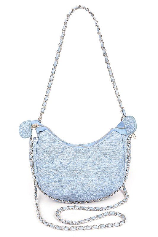 DOUBLE CHAIN STRAP QUILTED DENIM SHOULDER BAG