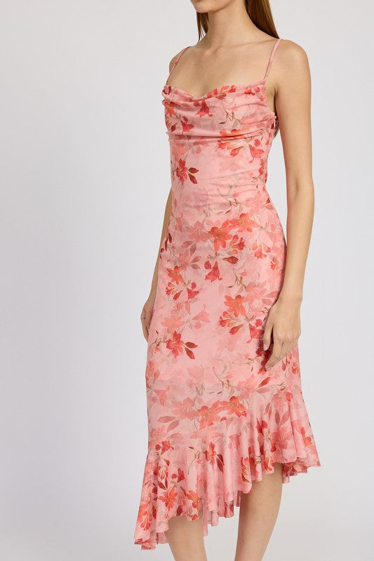 FLORAL ASYMMETRICAL DRESS WITH RUFFLE DETAIL